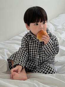 Hapijoa 男嬰圓領素色休閒T恤與條紋休閒長褲睡衣 春季幼兒 - 黑與白 - 查看 7