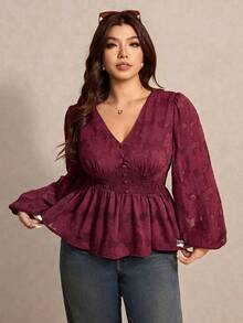 Elaquor Plus Size Women Floral Jacquard Shirred Lantern Sleeve Gathered Waist Elegant Blouse - Burgundy - View 3
