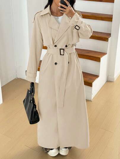 SHEIN EZwear Elegant Women's Apricot Long Trench Coat With Lapel, Regular Sleeves, And Pockets Made From Woven Fabric Suit Dress Blazer Dress For Women