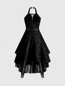 ROMWE Gothic Style Asymmetrical Hem Lace-Up Dress For Women - Black - View 2