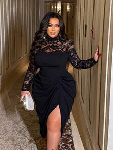 NU&NOW 大码女式蕾丝拼接立领长袖修身开衩派对连衣裙，秋冬款 - 黑色 - 查看 3