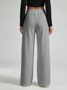 SHEIN Essnce 女士纯色弹力腰带牙签条纹设计宽松休闲阔腿裤 - 淺灰色 - 查看 2