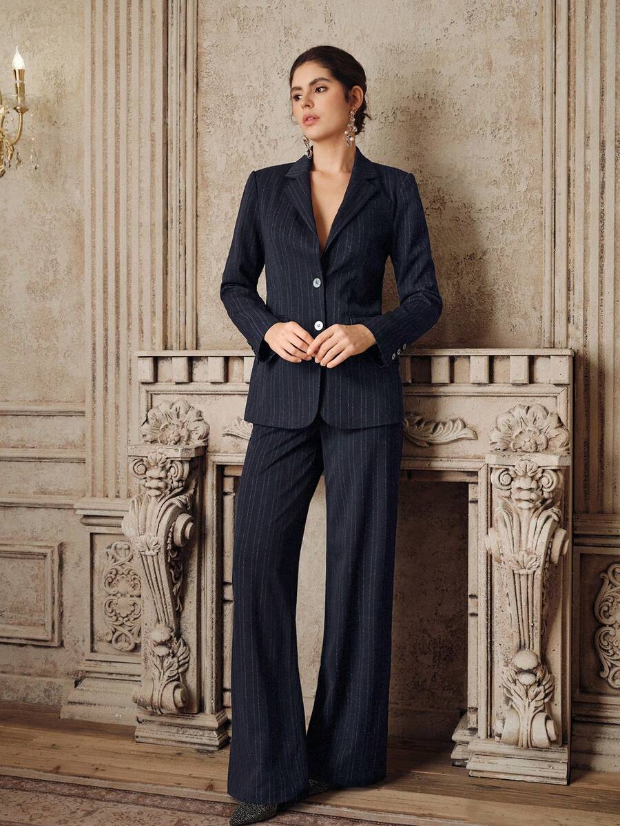 Anewsta Women's New Rhinestone Embellished Long Sleeve Blazer And Trousers Suit, Professional & Chic Street Style Outfit - Royal Blue - View 1