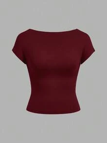 SHEIN EZwear Bộ 3 áo thun nữ cổ tròn tay ngắn hở lưng màu đen, trắng, đỏ tía, tối giản, phù hợp cho mùa hè - Nhiều màu - Xem 8