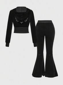 ROMWE Grunge Punk Dark Cross Wing Angel Sexy Goth Velvet Vintage Women Hoodie And Pants 2 Pieces Set - Black - View 3
