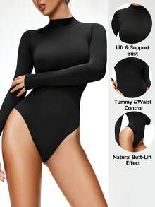 SHAPORA 无缝女士高领长袖塑身连体衣，女士基础塑身连体衣，可作外衣穿着 - 黑色 - 查看 1