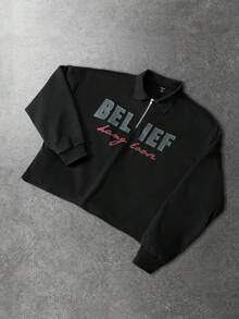 ROMWE MEN Street Life Men's Everyday Commute Letter Print Drop Shoulder Loose Half-Zip Collared Short Sweatshirt, Spring/Autumn - Multicolor - View 3