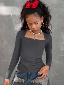 Coolane Áo thun nữ mùa thu thời trang ôm sát, tay áo raglan, cổ chữ U, eo nhún, co giãn - Màu xám đen - Xem 4