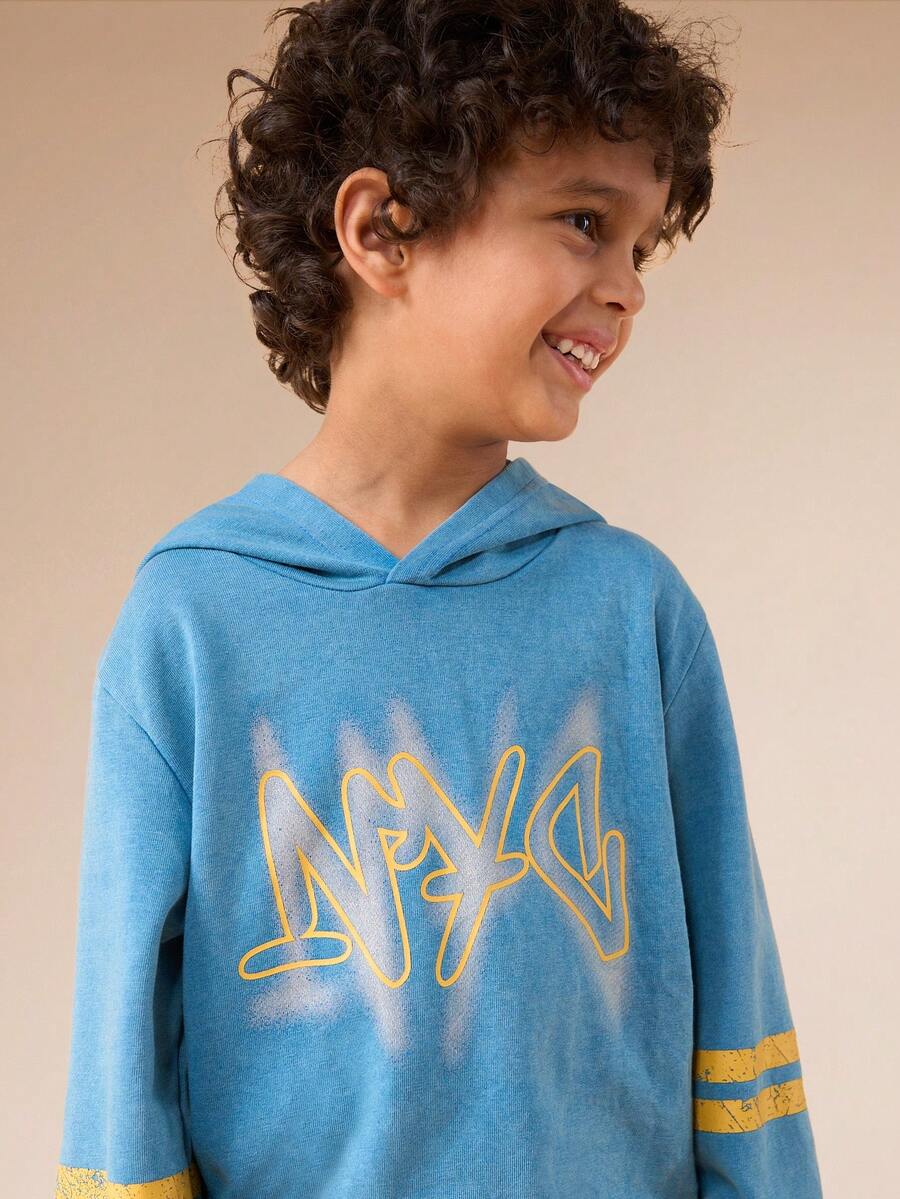 SUMWON Oversized Boys Washed Hoodie NYC Graphic Print Long Sleeve Pullover Casual Hooded Sweatshirt Ribbed Cuffs Comfortable Kids Urban Style Vacation - Royal Blue - View 1