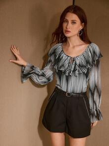 MOTF PREMIUM TWO TONE STRIPED PRINT RUFFLE TRIM TIE FRONT FLARE SLEEVE BLOUSE , FALL WINTER