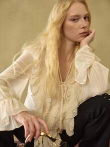 MOTF STUDIO 女士雪纺荷叶边系带宽松长袖衬衫 - 米色 - 查看 2