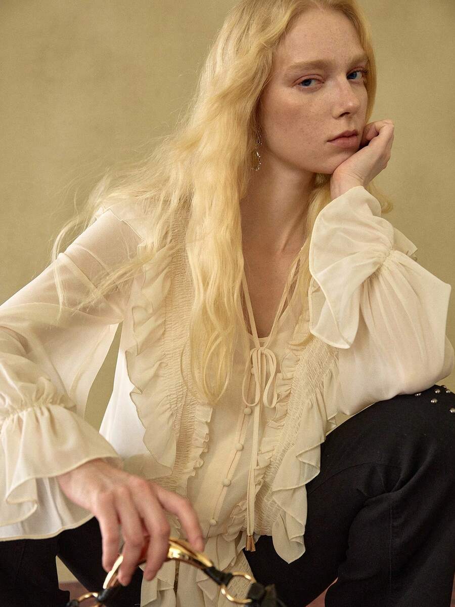 MOTF STUDIO 女士雪纺荷叶边系带宽松长袖衬衫