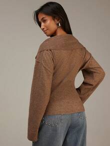 Athîral Women's Casual Brown Knit Sweater, Long Sleeve Polo Collar Button Up Slim Fit Ribbed Pullover Casual Cozy Top,Sweaters For Women - Camel - View 3