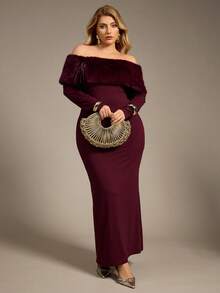 Auralis 大码女式新款优雅仿毛领拼接长袖修身A字连衣裙，适合情人节、音乐会、演出、约会、正式晚宴、盛会、婚礼等场合，性感浪漫的美人鱼款式，生日派对也适用。 - 酒紅色 - 查看 5