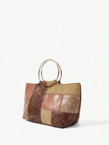 Maija 女士手提包，复古，复古，五金手柄，PU 拼接，时尚，优雅，简约，个性化，多功能，经典，适合通勤，办公室，约会，日常，购物，下午茶 - 棕色 - 查看 3