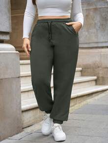 EURMUSE 棉质加大码女式纯色抽绳高腰黑色运动裤/慢跑裤 - 軍綠色 - 查看 1