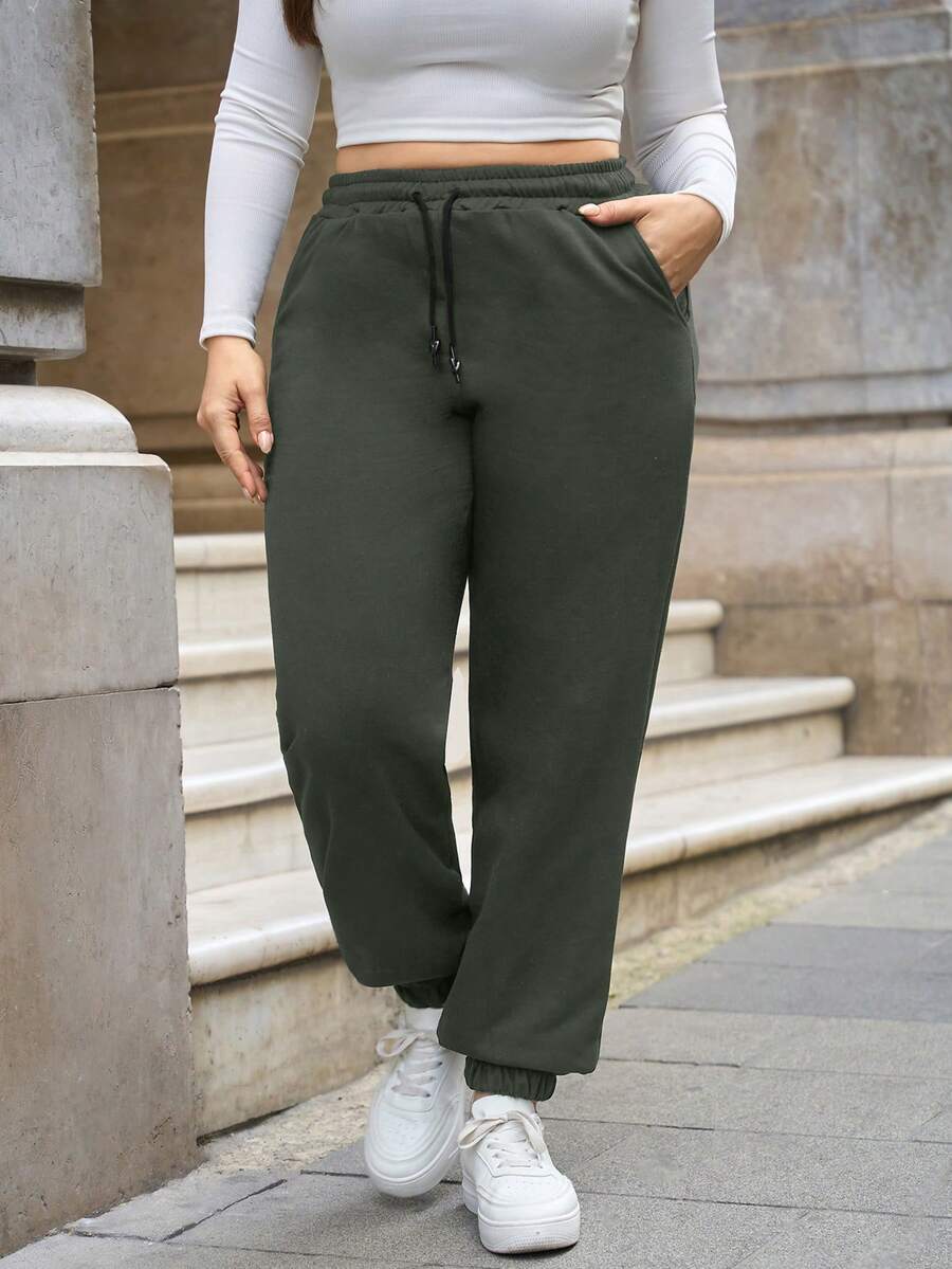 EURMUSE 棉质加大码女式纯色抽绳高腰黑色运动裤/慢跑裤 - 軍綠色 - 查看 1