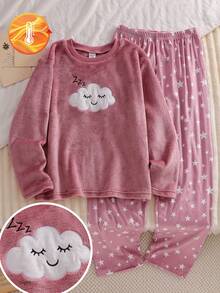 Girls Pajamas, Elegant Casual Home Wear, Long Sleeve Top & Pants Set, Embroidered Cloud, Smile, Starry Sky Patterns, Fleece Fabric, Suitable For Autumn/Winter - Dusty Pink - View 1