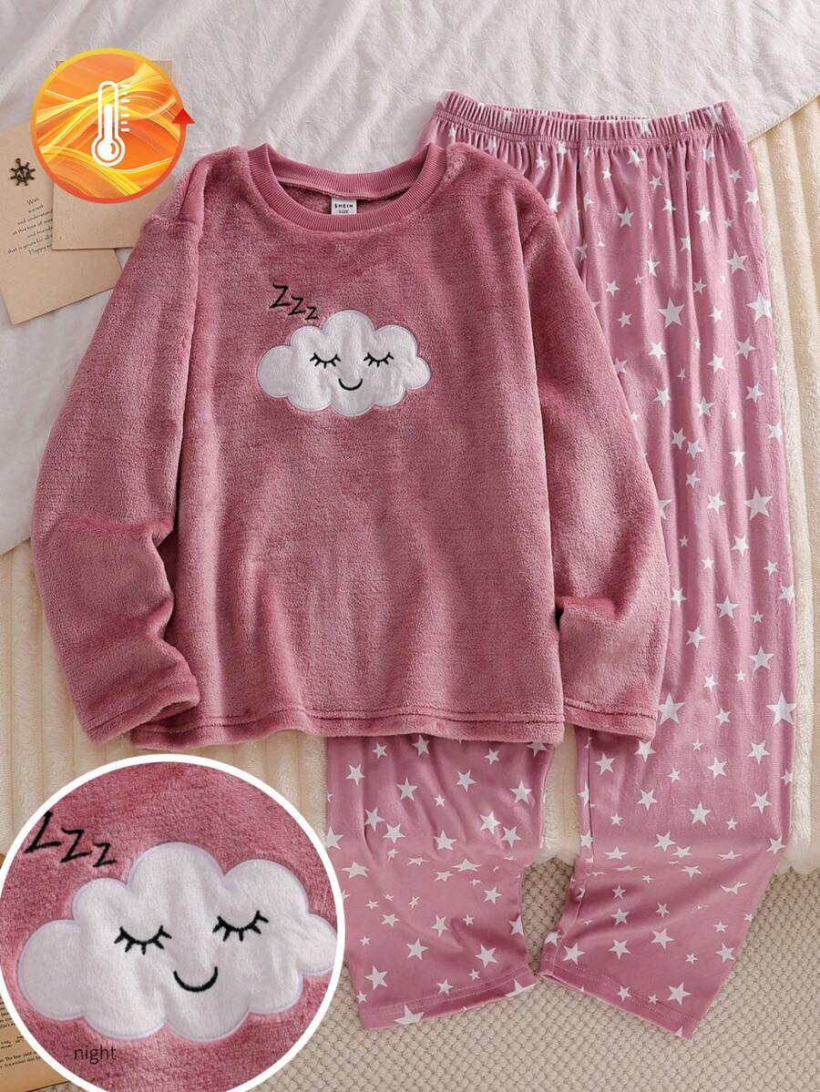 Girls Pajamas, Elegant Casual Home Wear, Long Sleeve Top & Pants Set, Embroidered Cloud, Smile, Starry Sky Patterns, Fleece Fabric, Suitable For Autumn/Winter - Dusty Pink - View 1