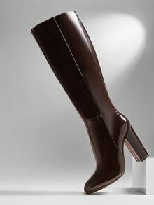 SHUZIA Women's Comfortable Patent PU Block Heel Knee-High Boots With Side Zipper - Chocolate Brown - View 5