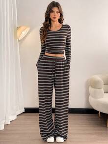 SHEIN Tall 女士休闲条纹圆领长袖上衣和裤子两件套 - 彩色 - 查看 10