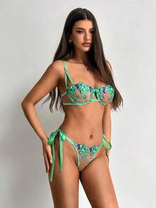 Aloruh 2件套女士花卉刺绣网眼文胸和内裤内衣套装 - 綠色 - 查看 7