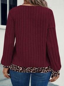 Women's Casual V-Neck Long Sleeve Colorblock Leopard Print Plus Size Sweatshirt, Autumn/Winter - Burgundy - View 2