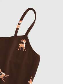 ROMWE Fairycore Váy ngắn in họa tiết hươu cổ điển dễ thương dành cho nữ, màu cà phê, thu/đông - Cà phê - Xem 3