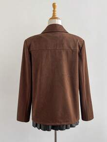 SHEIN LUNE 女士复古麂皮鹿绒翻领休闲外套，秋冬款 - 棕色 - 查看 2