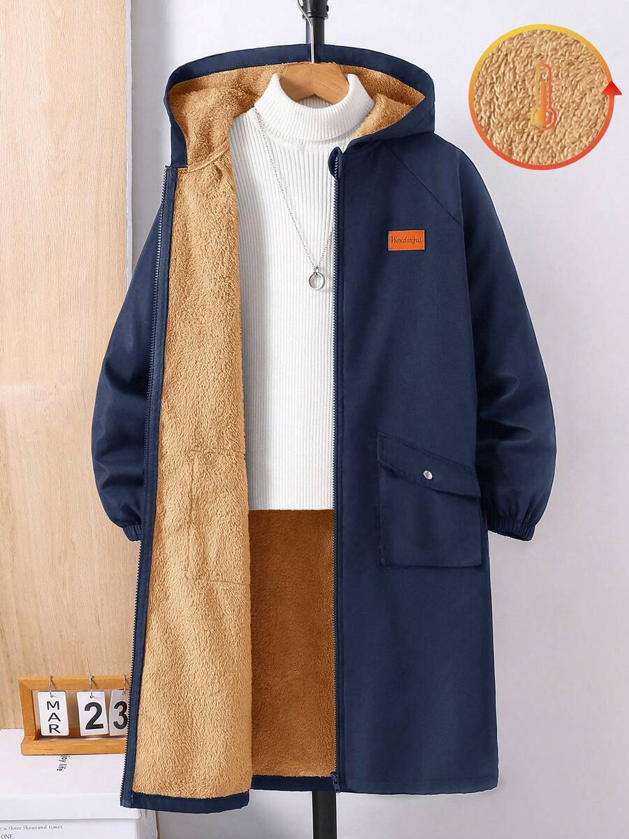 SHEIN 男童休闲保暖连帽中长款加厚梭织外套，适合上学、花园、生日、秋季、冬季穿着，男童长款外套，8岁男童冬季服装，9岁男童保暖服装，冬季服装，圣诞节