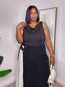 Truni 大码女式百褶黑白撞色半身裙，金属扣细节/秋冬 - 黑與白 - 查看 8