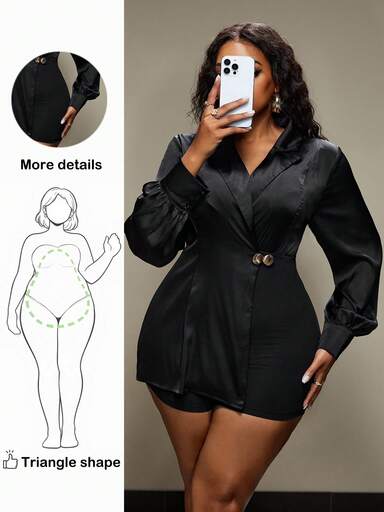 Truni Plus Size Women's Satin Button Detail Long Sleeve Romper, For Pear Triangle Body Shape