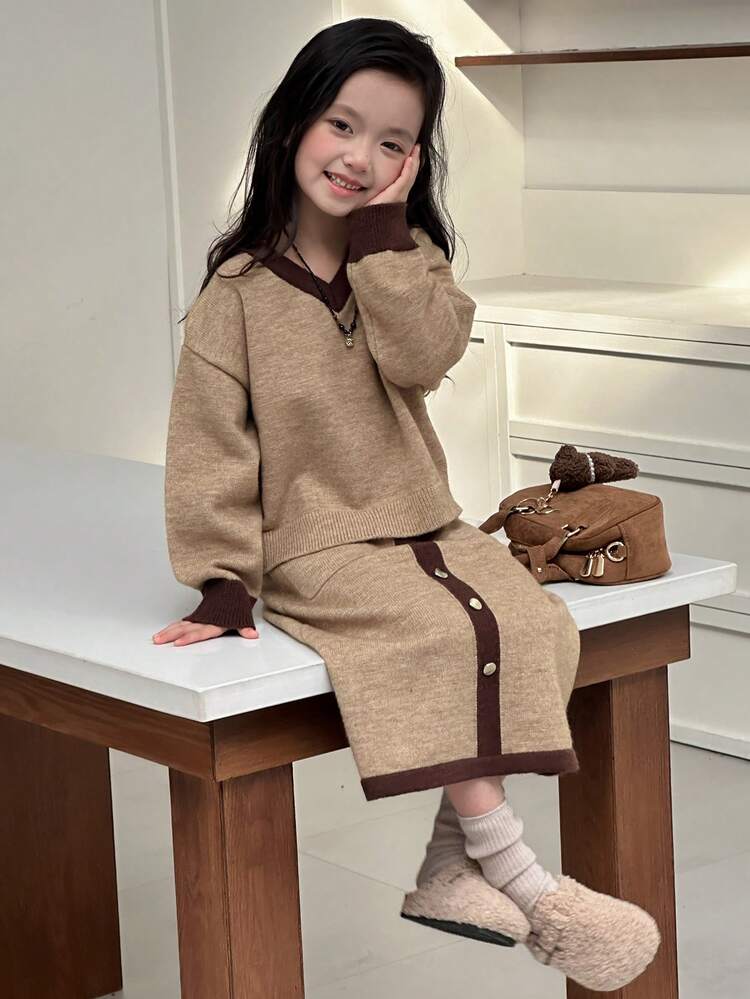 Young Girl Casual Drop Shoulder Sweater And Skirt Set, Autumn/Winter