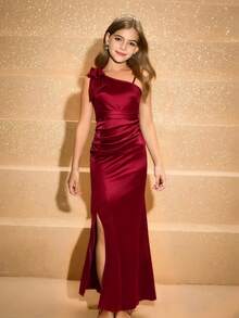 Tween Girls' Elegant Minimalist Fashion One-Shoulder Sleeveless One-Side Asymmetrical Shoulder High-Waist Long Slit Design Solid Satin Glossy Material High-End Bow Decor Graduation/Prom Dress, Burgundy, Suitable For Birthday, Christmas, Halloween - Burgundy - View 1