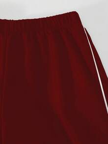 SHEIN 三件套少女休闲套装，包括：带帽拉链短外套（罗纹边饰）、白色吊带背心和阔腿裤，秋季套装 - 酒紅色 - 查看 5