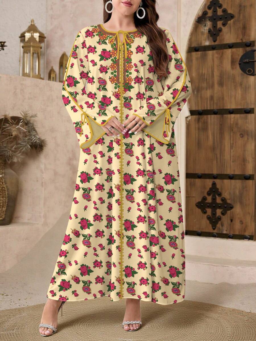SHEIN Najma Váy maxi dài tay kiểu Ả Rập thanh lịch cổ chữ V in hoa và họa tiết cỡ lớn dành cho nữ, mùa xuân - Nhiều màu - Xem 1