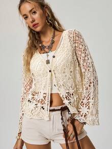 Freevana 波西米亚浪漫度假风水溶性刺绣花卉镂空喇叭袖女式开衫 - 杏色 - 查看 6