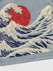 ROMWE J-Fashion Sun & Wave Graphic Ribbed Tank Top, School - Dusty Blue - View 4