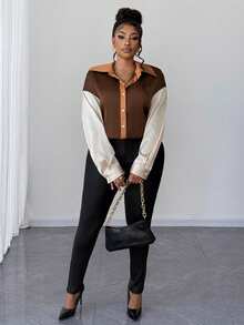 Maweii Plus Size Women's Elegant Colorblock Turndown Collar Long Sleeve Shirt, Sophisticated For Daily Commute - Multicolor - View 7