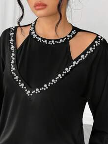 Elenzga Große Größen Elegantes langärmliges figurbetontes Shirt mit Perlenverzierung in Schwarz für Damen, ideal für Ausgehen - Schwarz - Übersicht 4