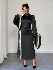 Elenzga 大码女士优雅简约立领花卉蕾丝拼接喇叭袖系带连衣裙，黑色，冬季派对 - 黑色 - 查看 5