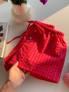 Comfortcana Quần short vải lanh cotton kẻ sọc thường ngày dành cho nữ - Đỏ - Xem 7