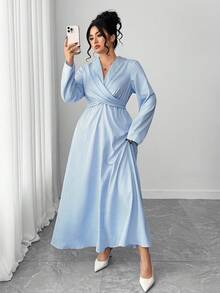 Elenzga Plus Size Elegant Asymmetrical Tie-Waist Flared Hem Blue And White Striped Dress - Blue and White - View 5