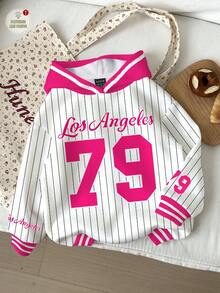 Slaydiva Plus Size Women Colorblock & Number 79 Print Sweatshirt, Casual, Suitable For Autumn/Winter - Multicolor - View 1