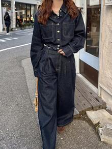 FRIFUL Women's Casual Fashion Street Loose Drop Shoulder Denim Shirt And Wide Leg Jeans Set, Spring/Autumn