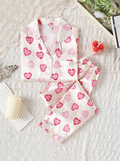 Tween Girls Pajamas-2 Piece Pajama Set Heart Print Satin Look Long Sleeve Button Front Collar Top Long Pants Elastic Waist Valentine's Day 2026 Holiday Sleepwear All Season Gift Soft Silky Feel Cute Sweet Style