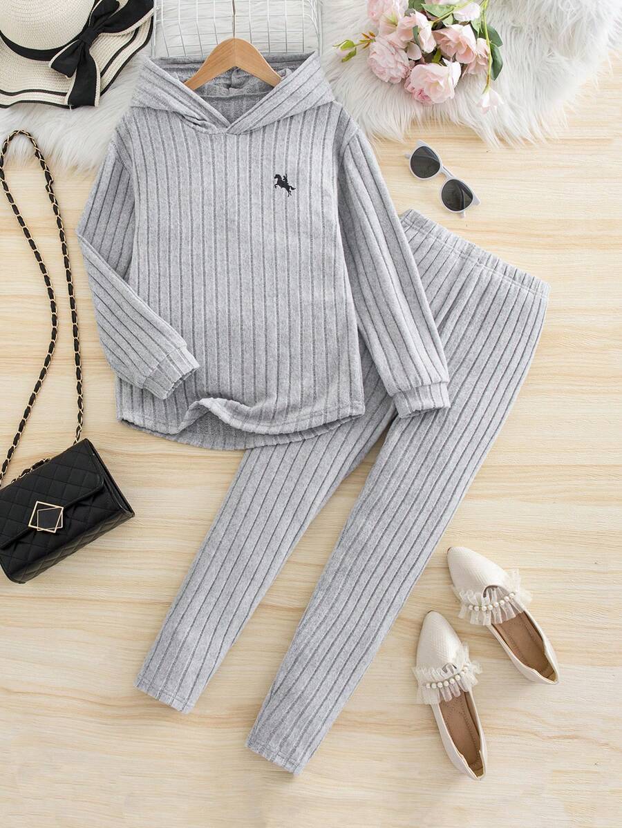 SHEIN Explorewe 2件套 少女罗纹连帽衫上衣(不对称下摆)和打底裤 - 灰色 - 查看 1