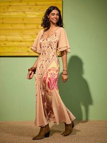 Felipe Marques Váy ngắn cổ chữ V sâu in họa tiết hoa và chim gợi cảm dành cho nữ, thích hợp mặc dự tiệc, dạ hội, đi nghỉ, thường ngày vào mùa thu/đông - Màu Khaki - Xem 4