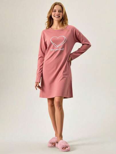 Loomlin Women Katoenen Round Neck Heart Lettered Long Sleeve Homewear Pajama Dress Nightgown Sleep Wear Loungewear Lounge Sets view 5