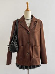 SHEIN LUNE 女士复古麂皮鹿绒翻领休闲外套，秋冬款 - 棕色 - 查看 4